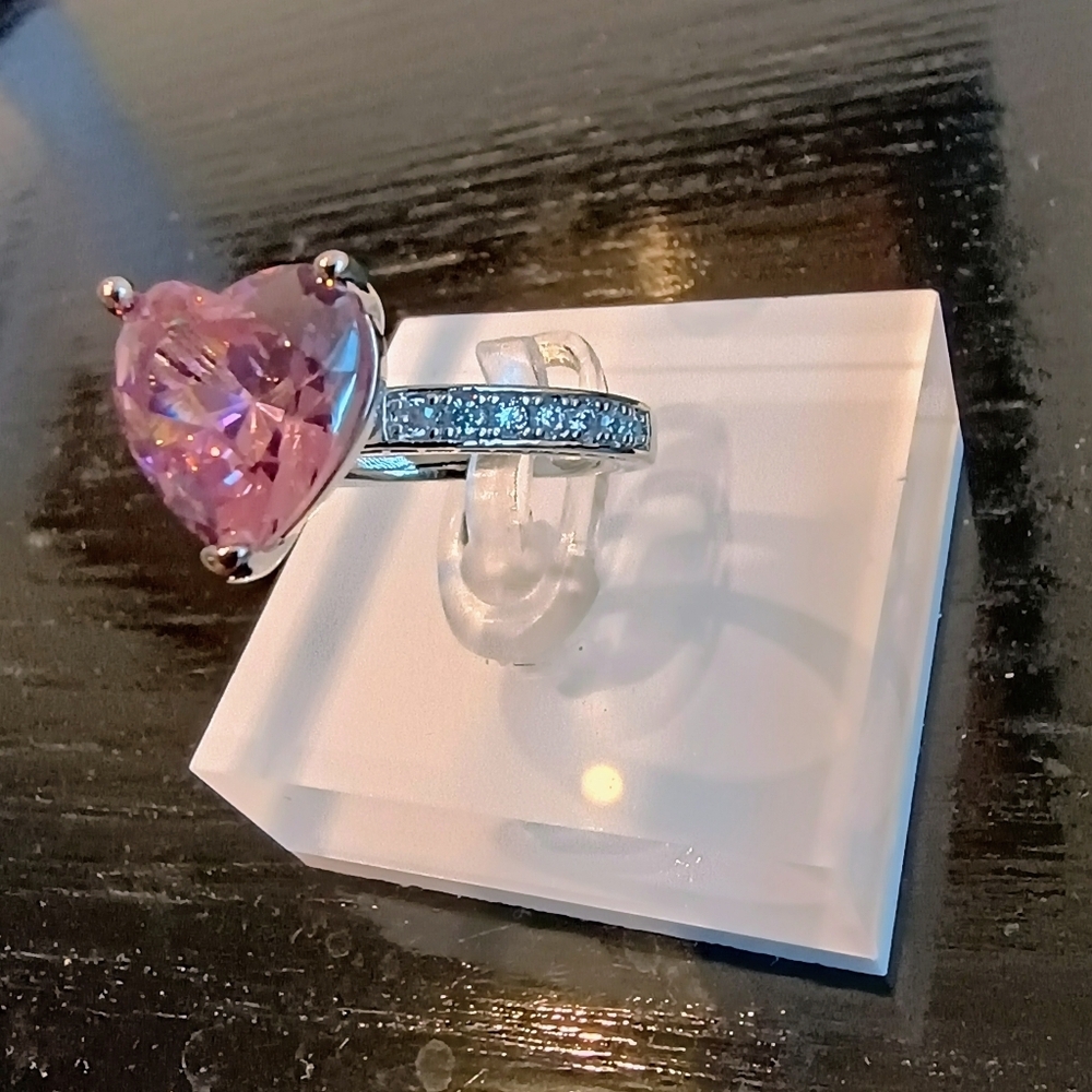 Cubic Zirconia Heart Cut Pink Ring Silver Tone Size 8 - Picture 11 of 14